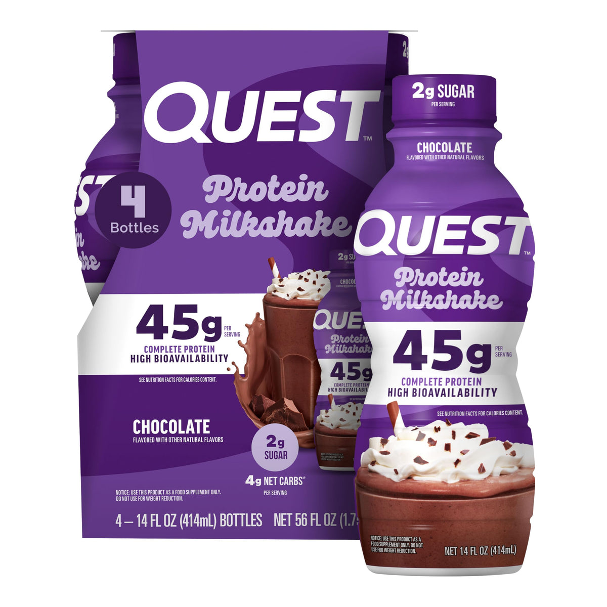 Quest Nutrition Chocolate Protein Shake, 45g Protein, 2g Sugar, 4g Net Carbs, Ready to Drink, Gluten Free, 12 Count