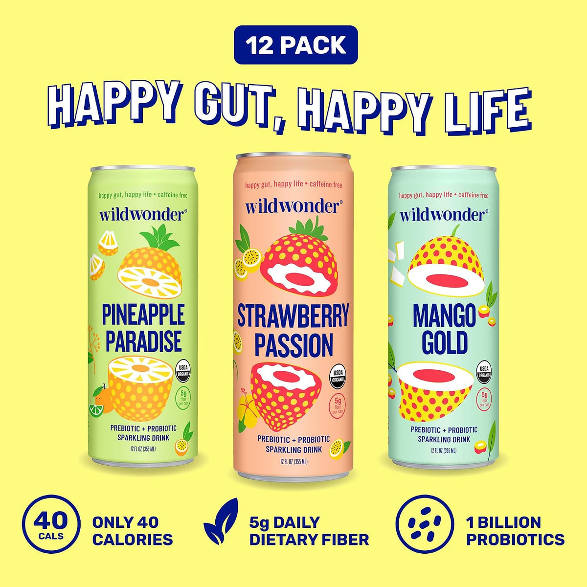 wildwonder Tropical Vibes Variety Sparkling Probiotic Drink, 12 Pack