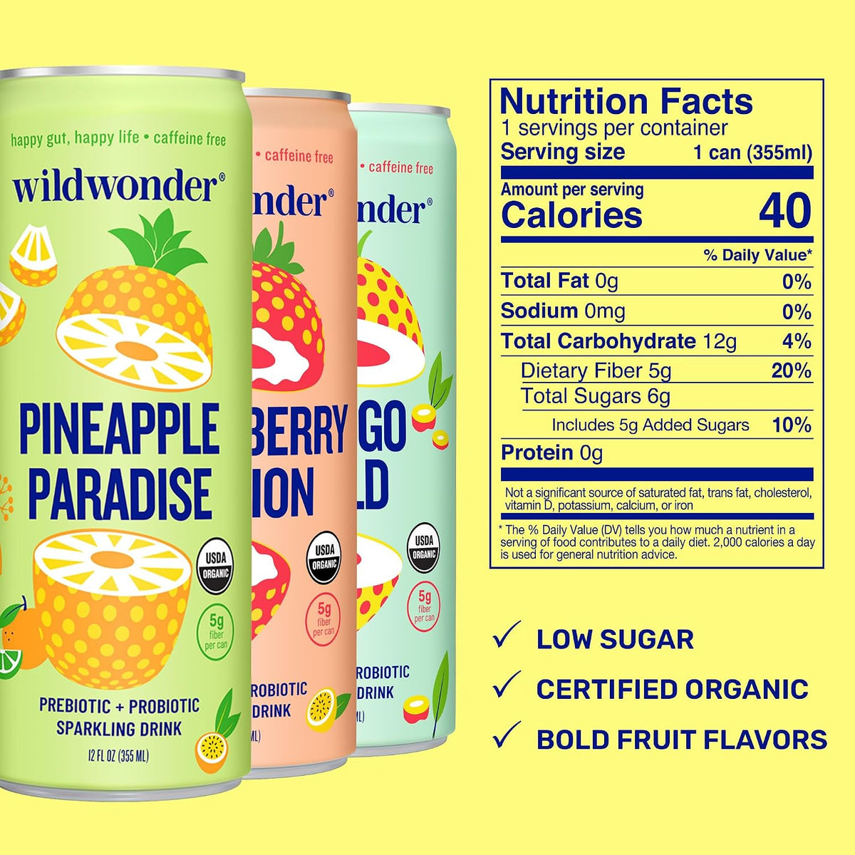 wildwonder Tropical Vibes Variety Sparkling Probiotic Drink, 12 Pack
