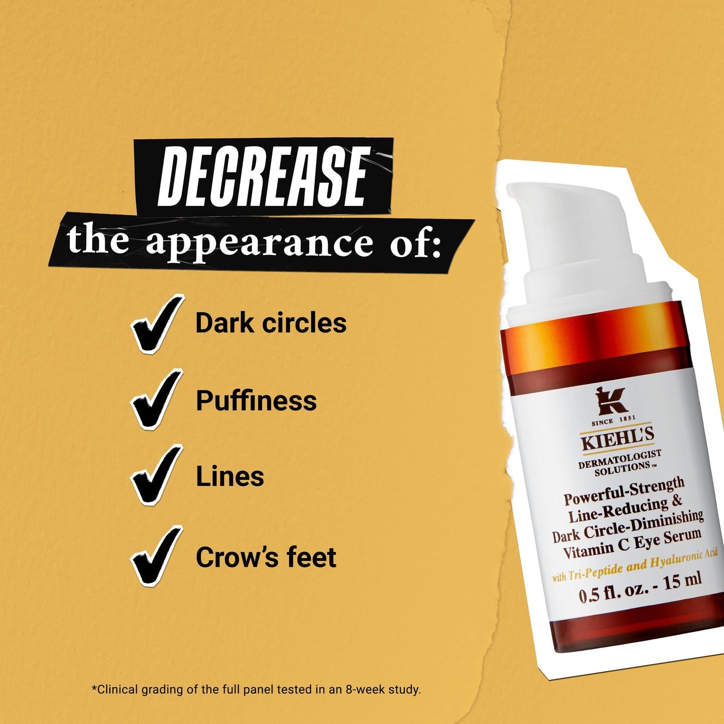 Kiehl's Powerful-Strength 10% Vitamin C Eye Serum, Line-Reducing & Dark Circle Diminishing Eye Cream, Smooths & Hydrates Undereye, for Puffiness & Lines, with Hyaluronic Acid & Tri-Peptide - 0.5 fl oz